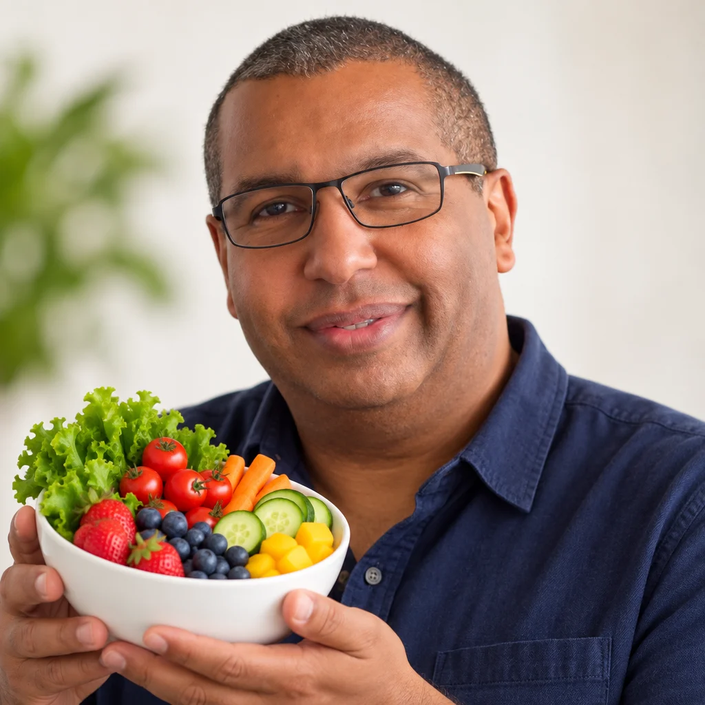 Daniel Frei, Ernährungs-Mentor, mit einer Schale frischem Gemüse und Früchten