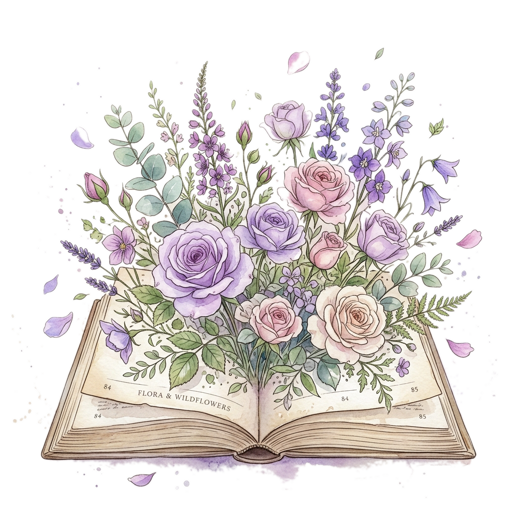 Ilustração aquarela: livro aberto com rosas e flores silvestres brotando das páginas