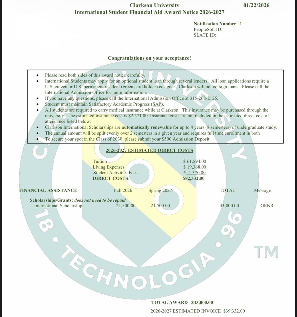 Clarkson University admission letter