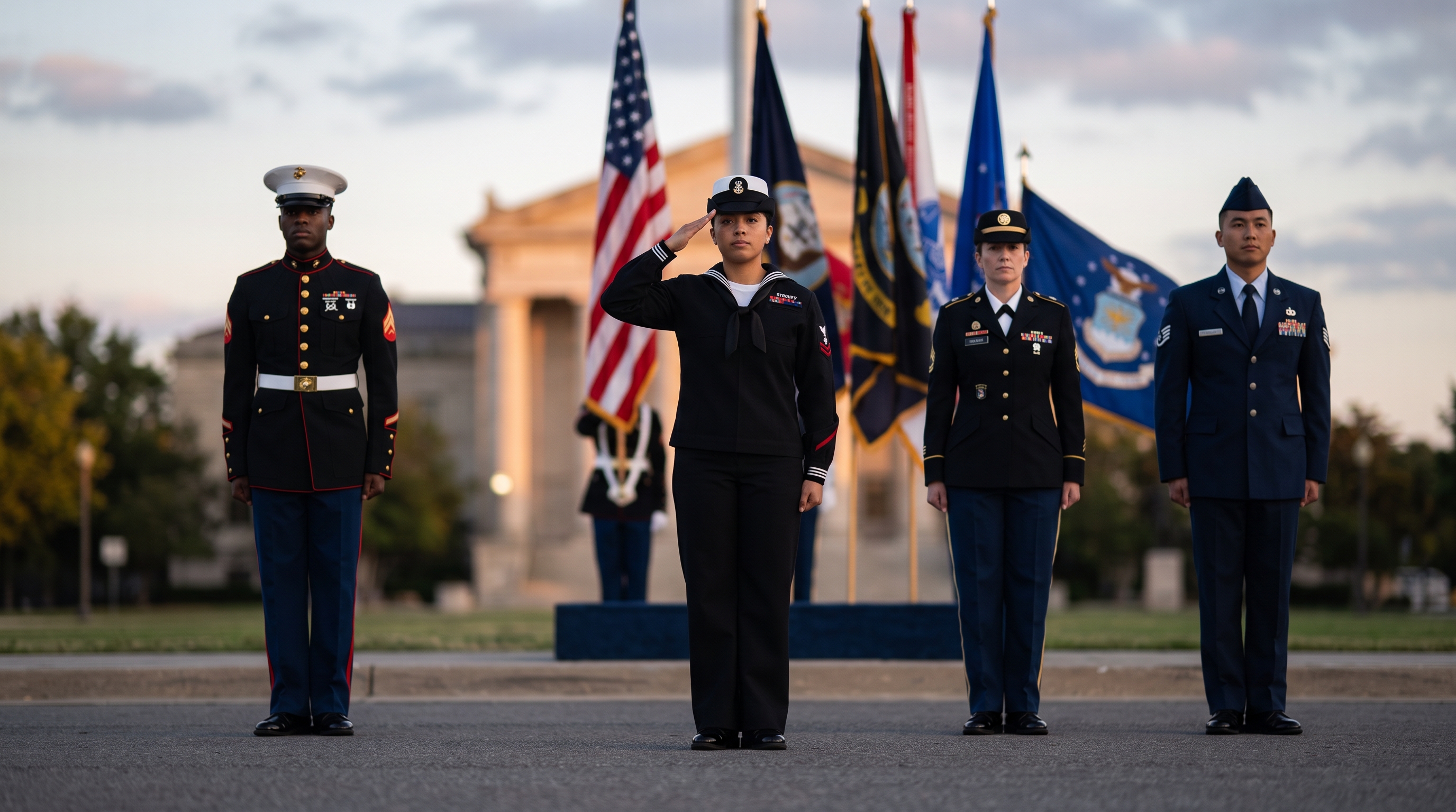 Diverse service members in dress uniform, one saluting, before American and branch flags