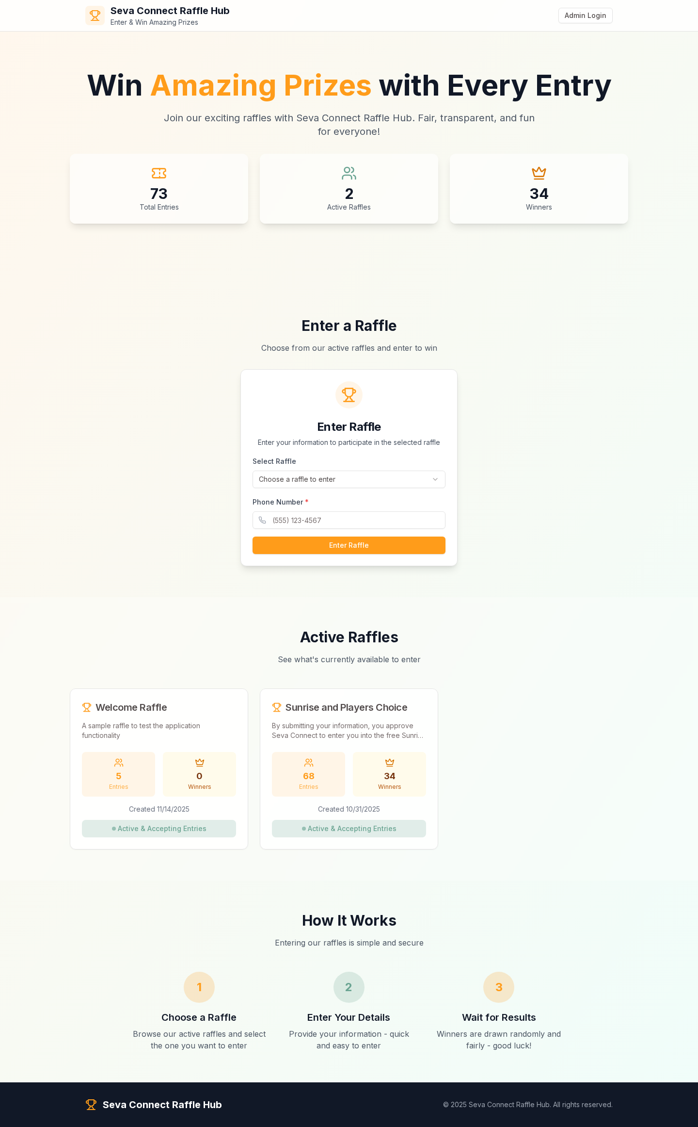 Seva Connects raffle hub with prize entries and active raffles