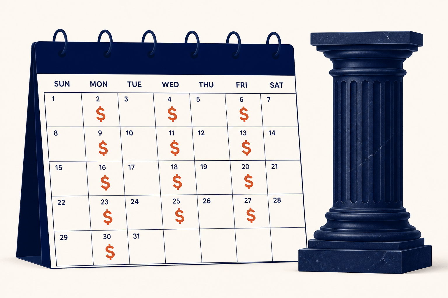 A steady, permanent monthly payment shown as a recurring calendar of deposits paid for life