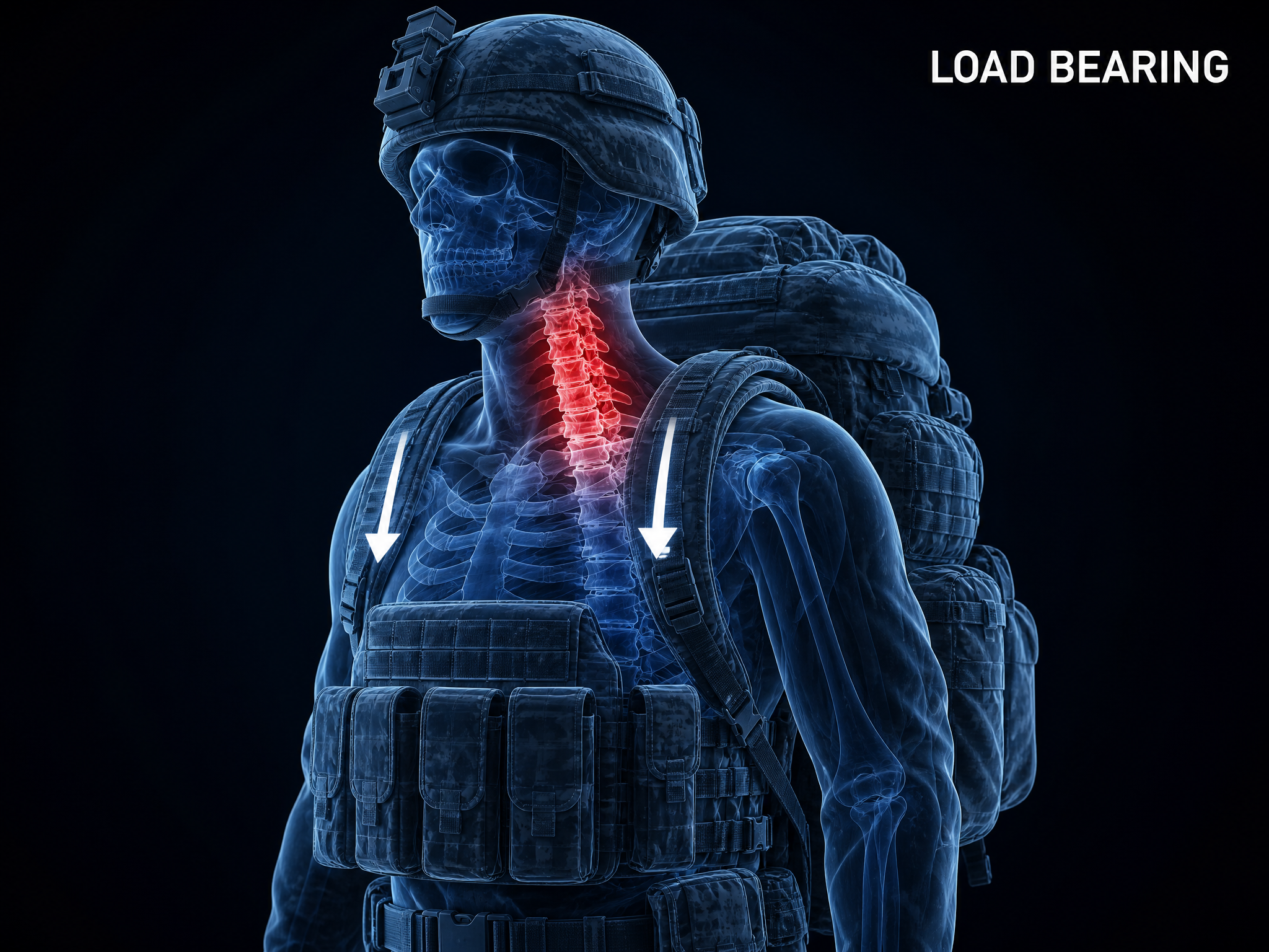 Anatomical illustration of a soldier under a loaded rucksack and body armor with the cervical and upper thoracic spine under compressive load