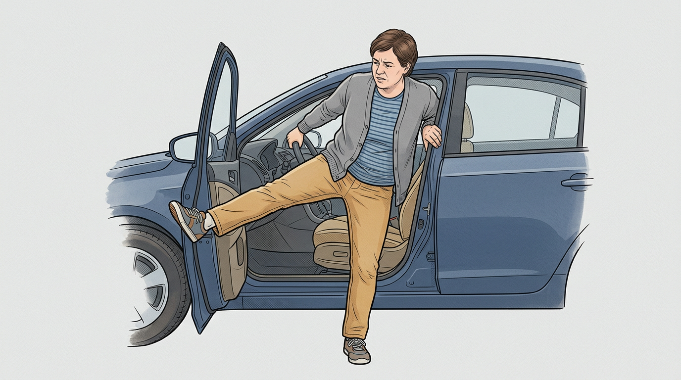 Illustration of a person struggling to enter a car because the knee will not bend sufficiently, swinging the stiff leg sideways