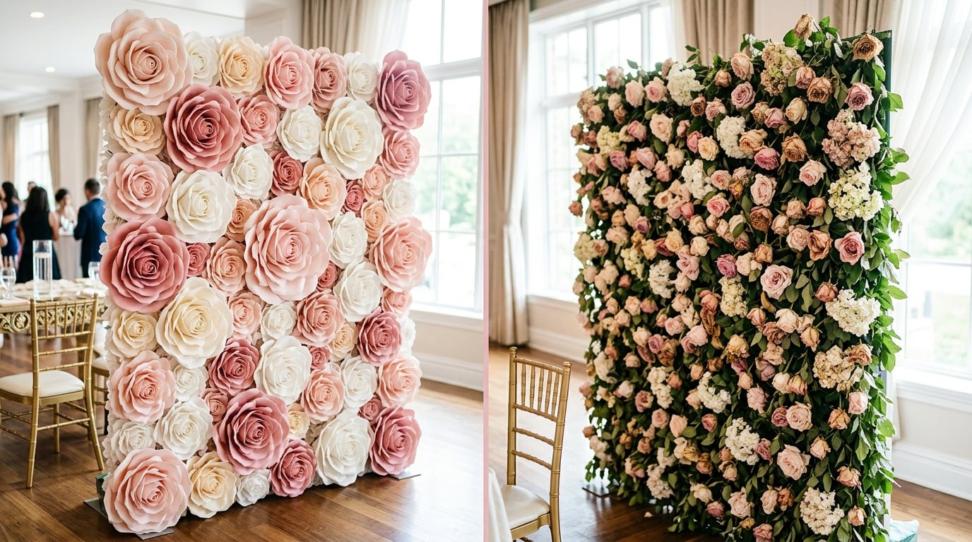 Side-by-side comparison of vibrant giant foam flower wall versus wilting fresh flower wall at an event