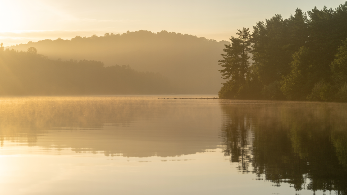 Serene misty lake at golden sunrise