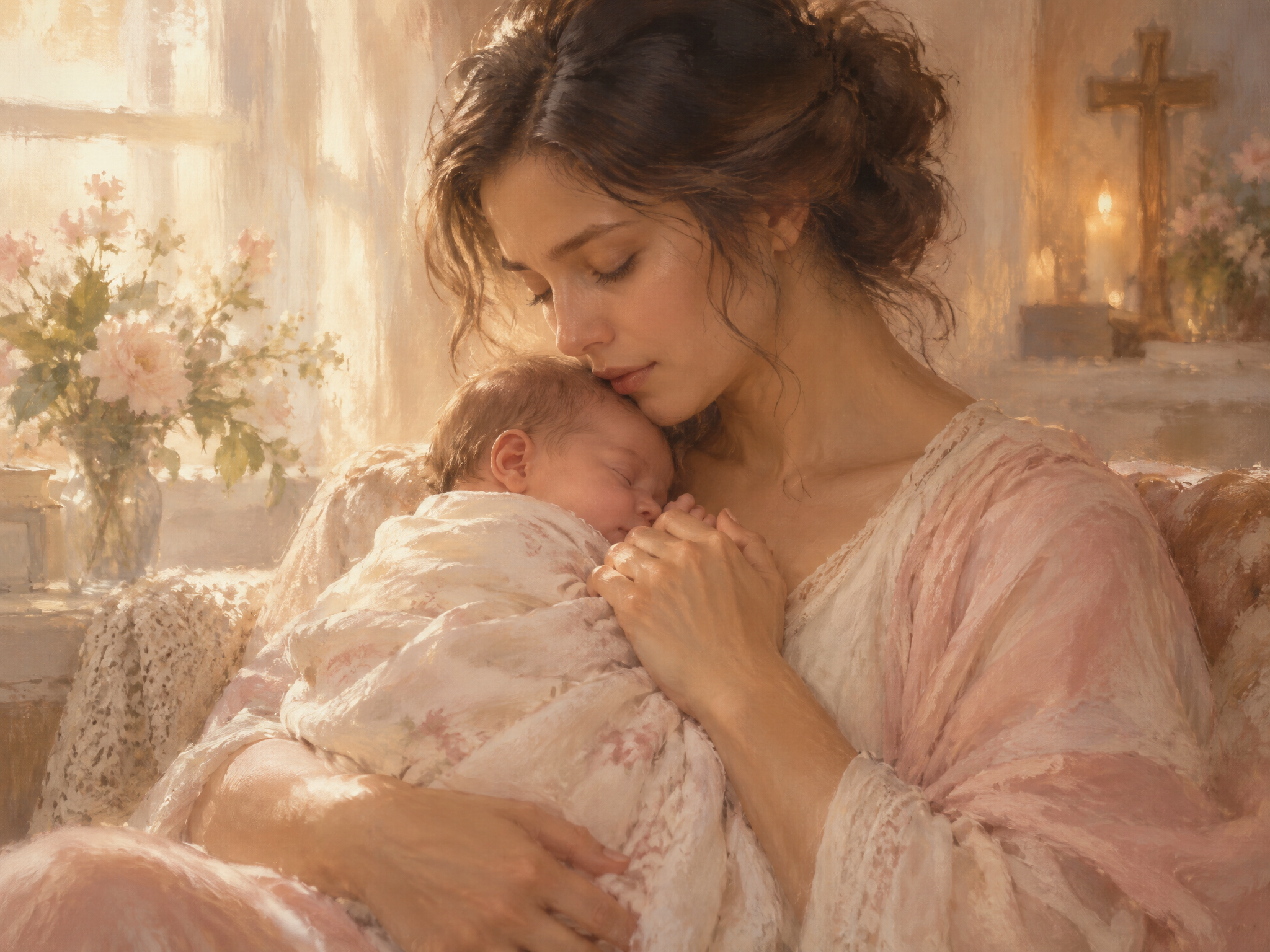 A mother tenderly praying over her newborn