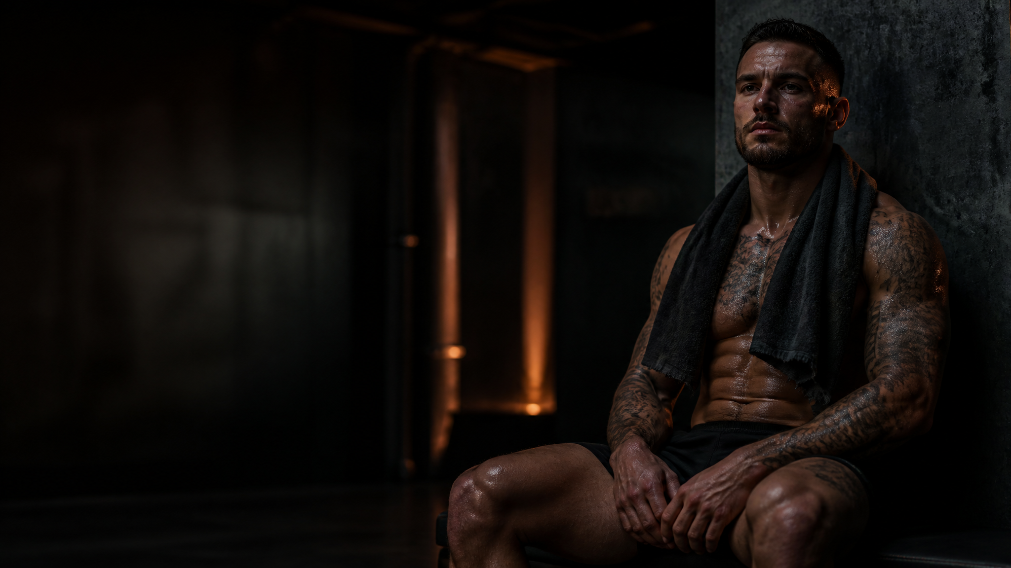 Combat athlete recovering after training in a dark elite fight gym