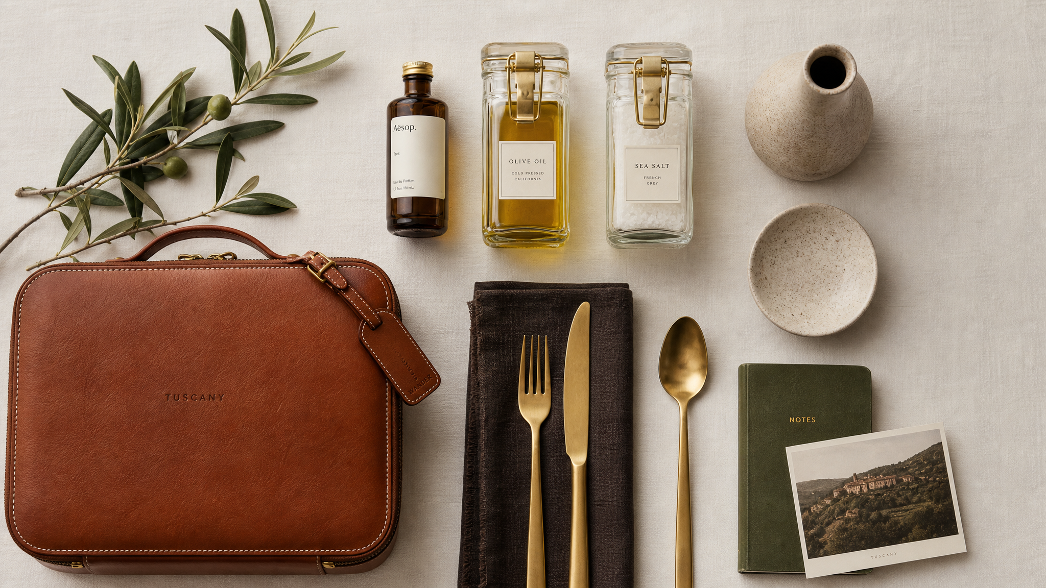 Editorial flat-lay of The Taste Edit premium travel dining essentials with leather case, glass containers, and artisan accessories