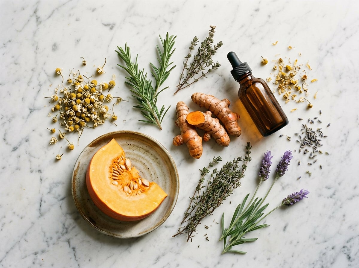 Flat-lay of natural supplement ingredients including turmeric, chamomile and salmon oil