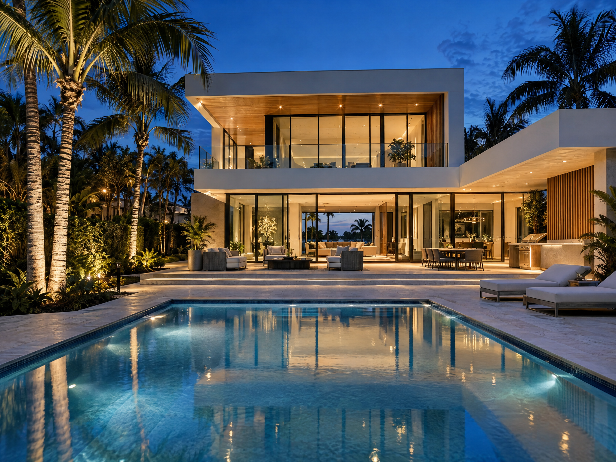 Contemporary luxury single-family home with pool at twilight