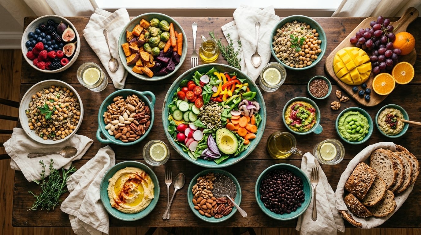 A nourishing spread of nutrient-dense whole foods representing an immune-supporting recovery plan