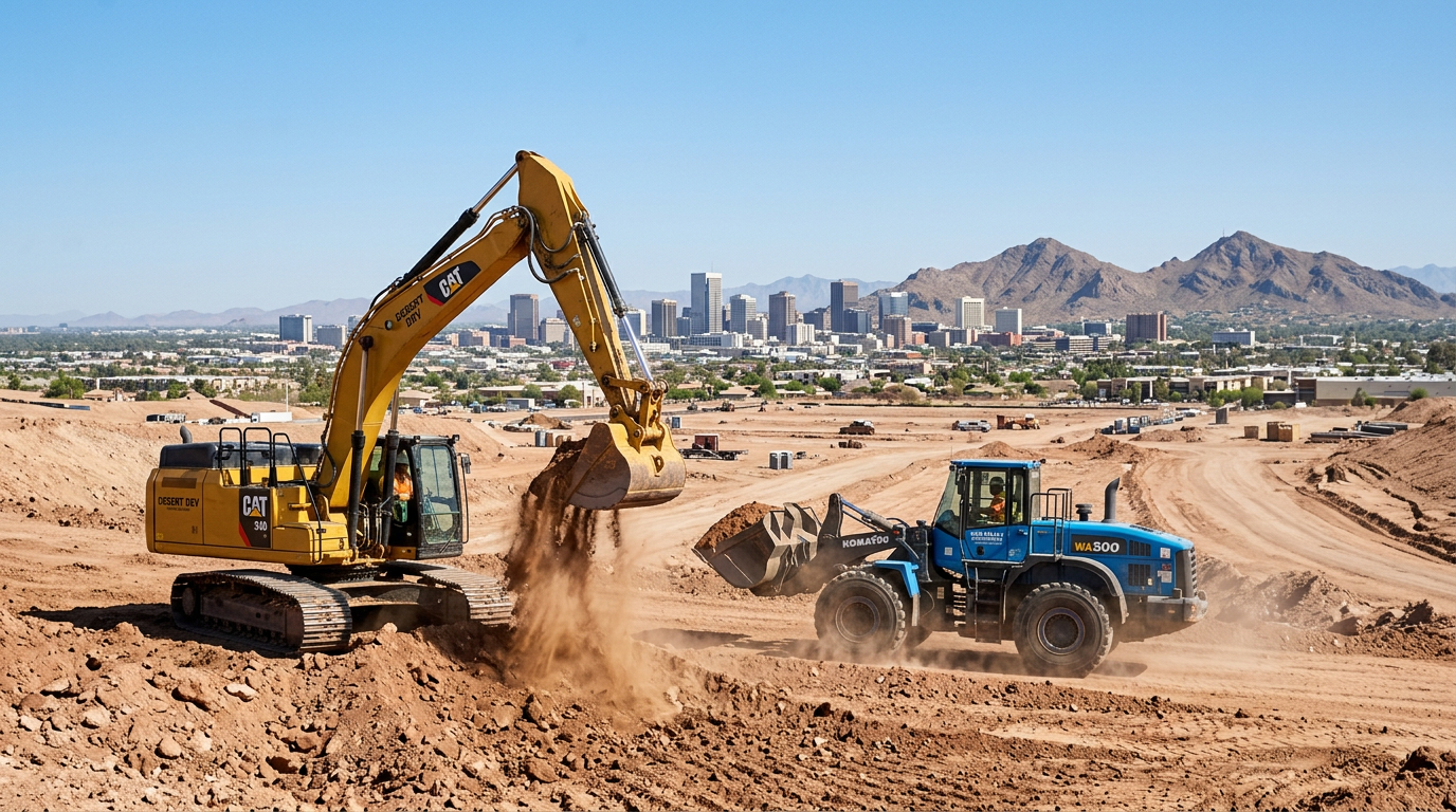 Excavator working a construction site with the Phoenix, Arizona skyline and desert mountains in the background