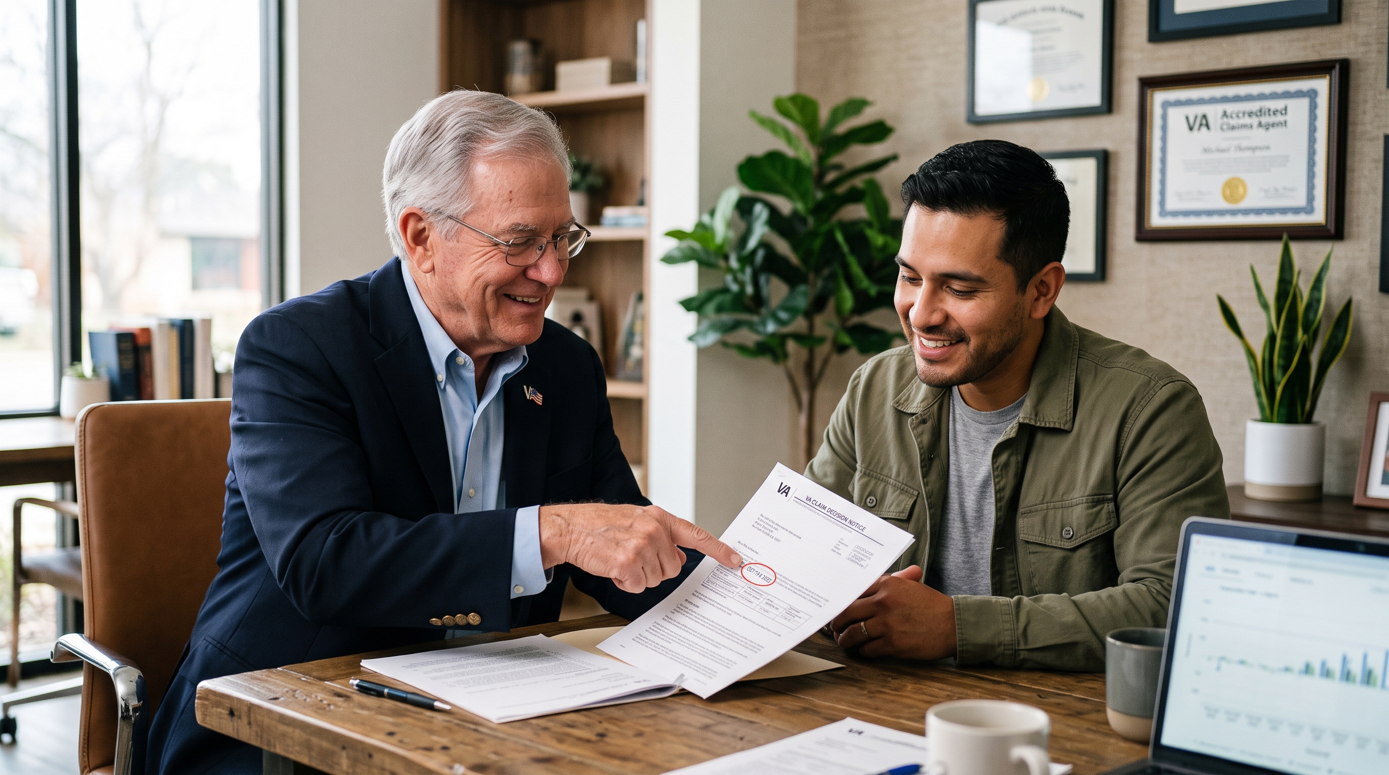 A VA-accredited claims advisor showing a veteran the effective date on his decision paperwork