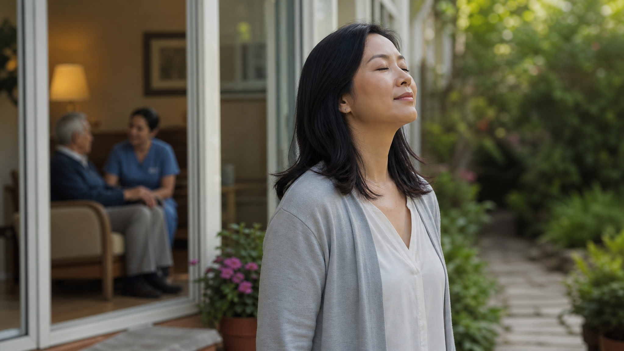 An Asian American daughter caregiver taking a peaceful break outdoors while a respite aide sits with her father