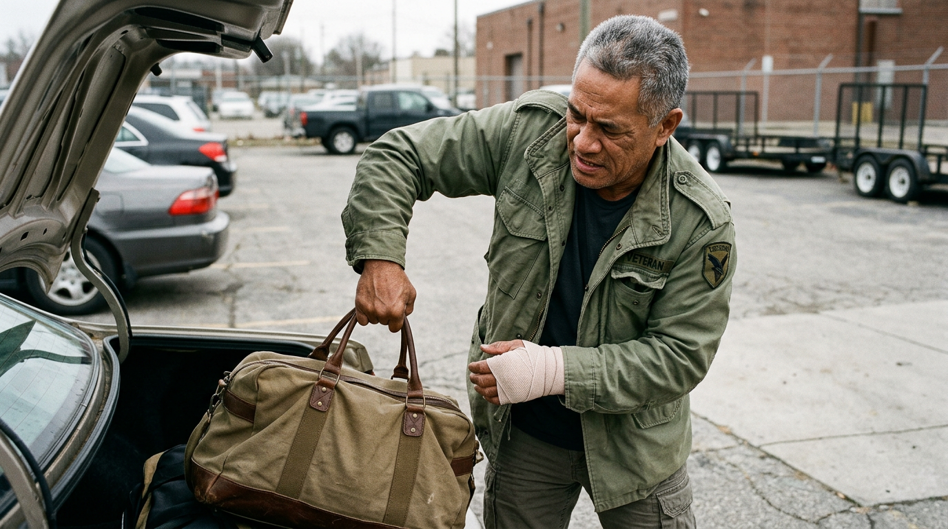 A veteran favoring one wrist by overusing his opposite hand and shoulder to lift a bag, showing compensatory overuse strain