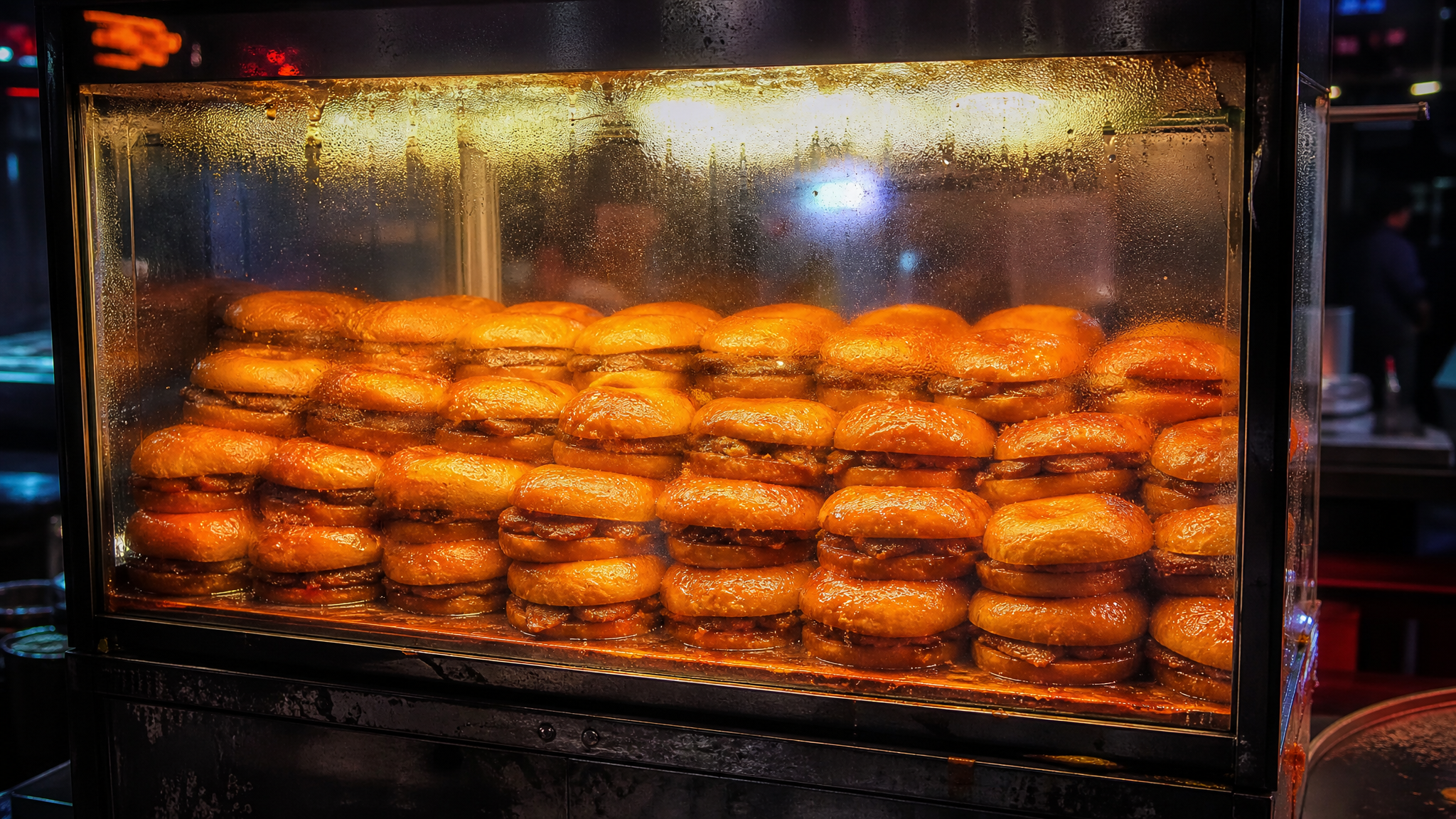 Glossy islak hamburgers in a steamy display case