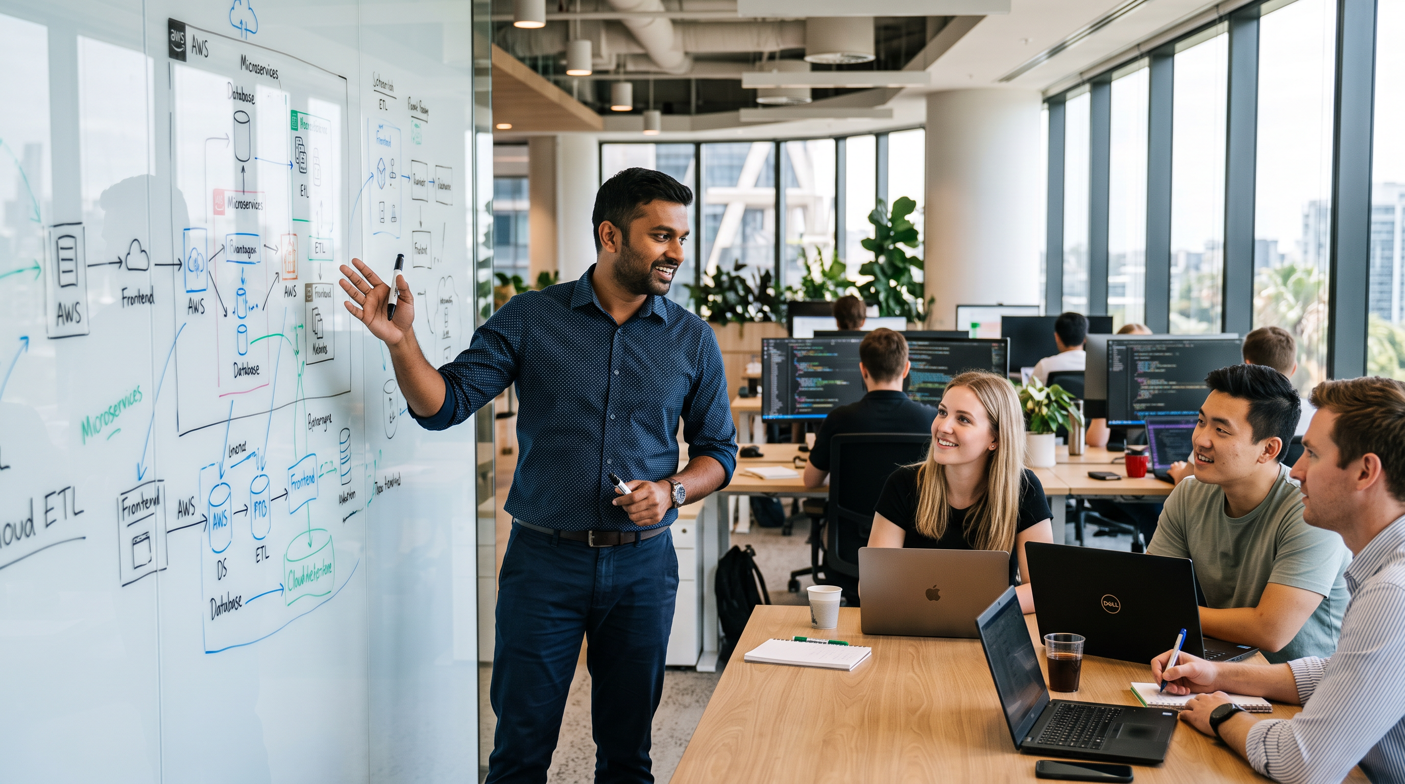 A Tamil South-Indian male IT professional presenting confidently at a contemporary Australian tech office
