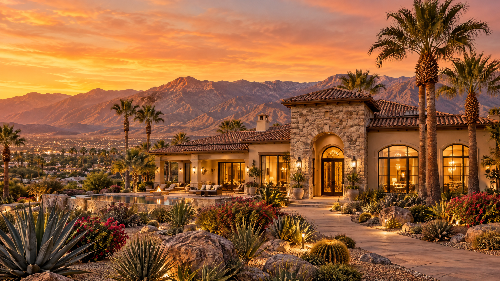Upscale Inland Empire California home at golden hour with the San Bernardino mountains behind it
