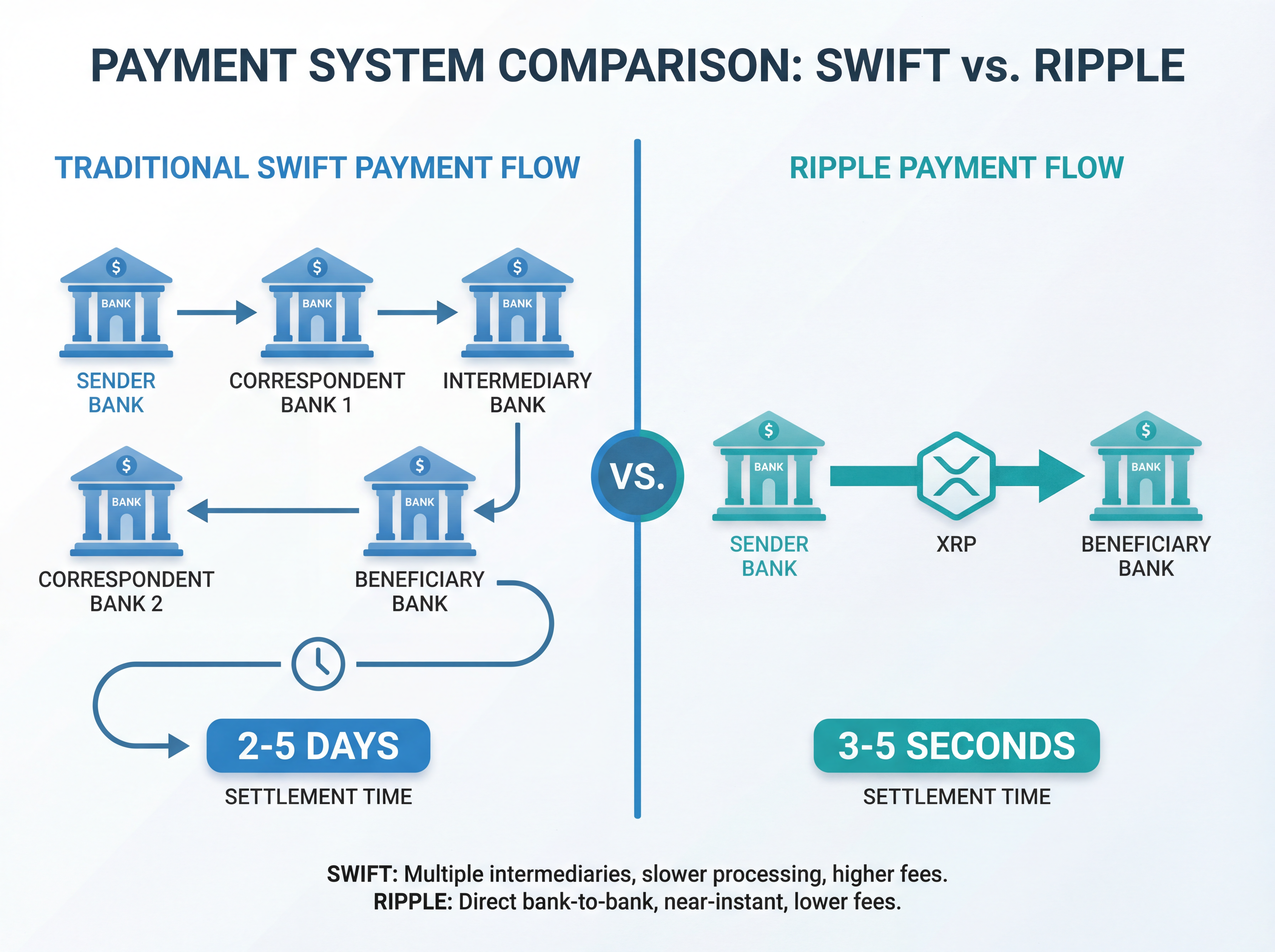 Ripple cross-border payment flow diagram showing XRP price surge 2026 driven by SWIFT integration