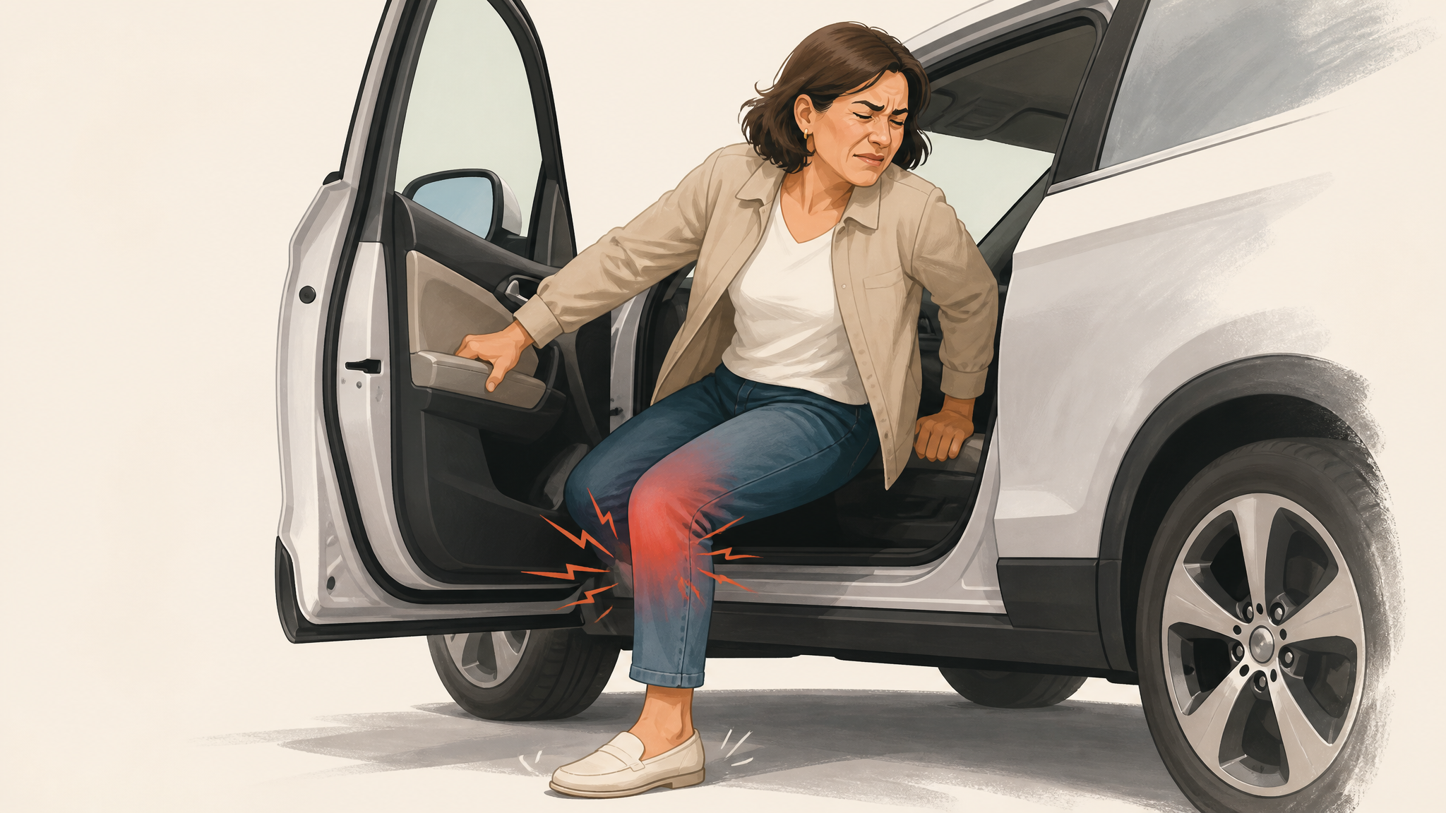 Illustration of a person twisting on a planted foot while getting out of a car, grimacing from knee pain as the meniscus catches
