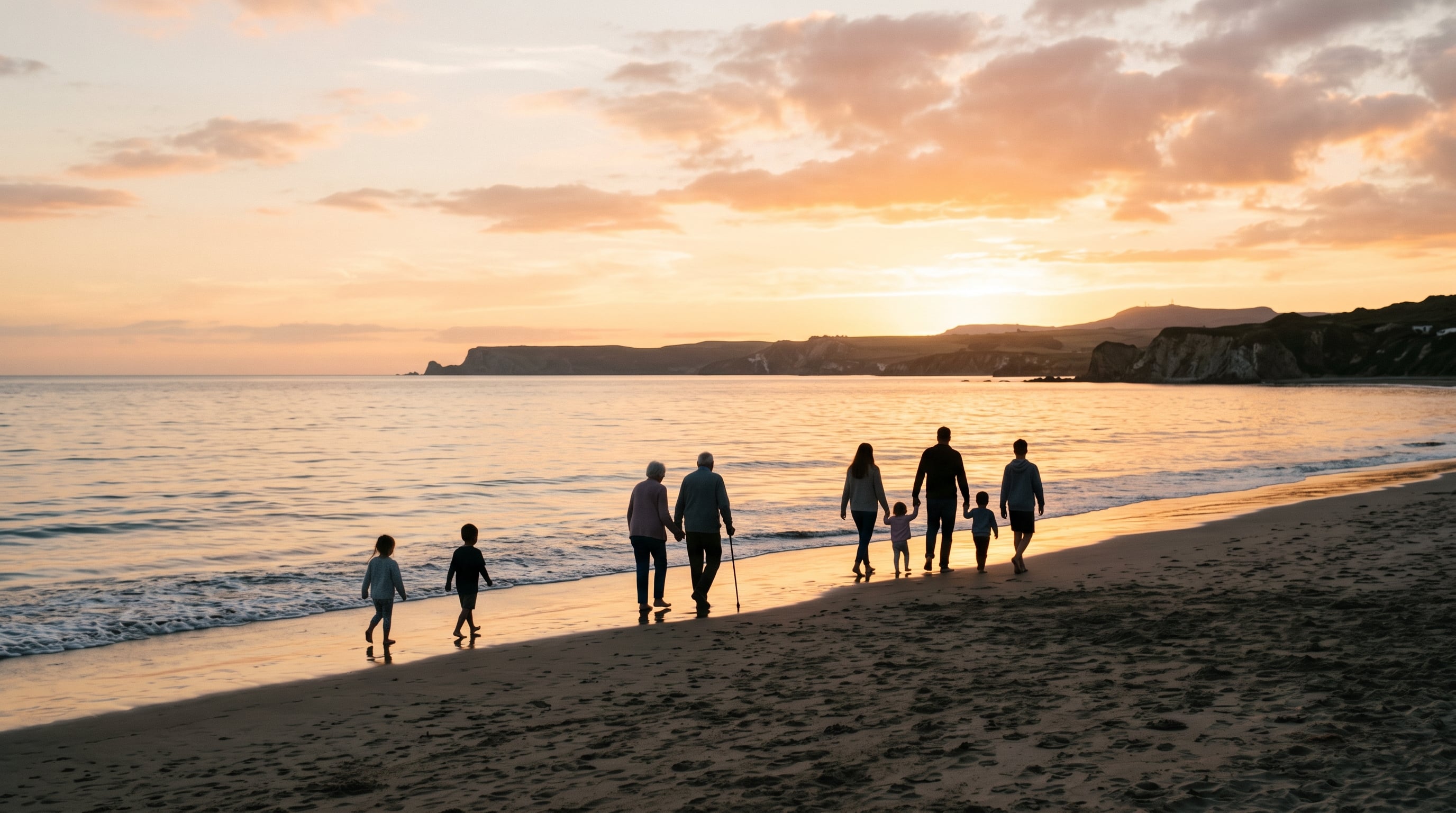 Multigenerational family at sunset