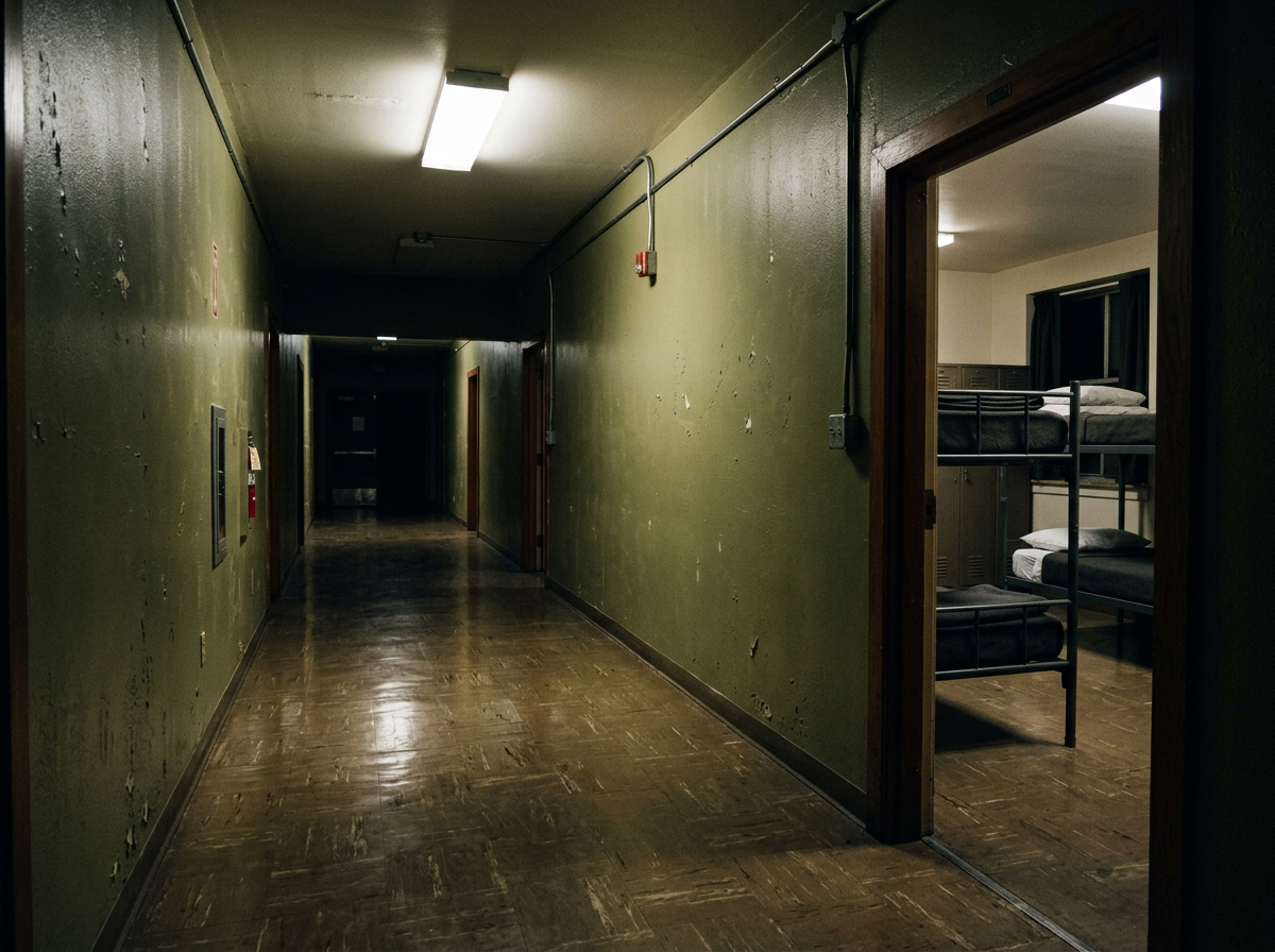 A dim barracks hallway at night