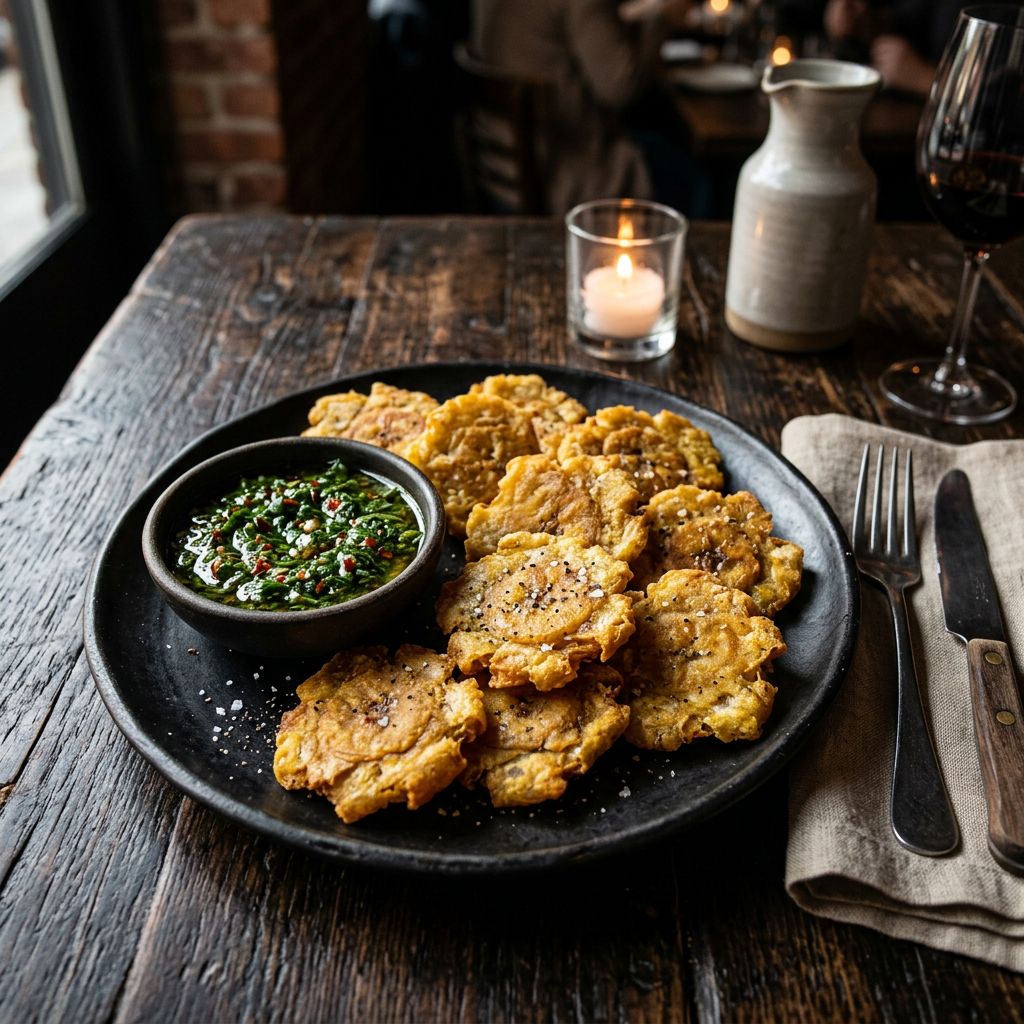 Tostones dorados con chimichurri en plato negro