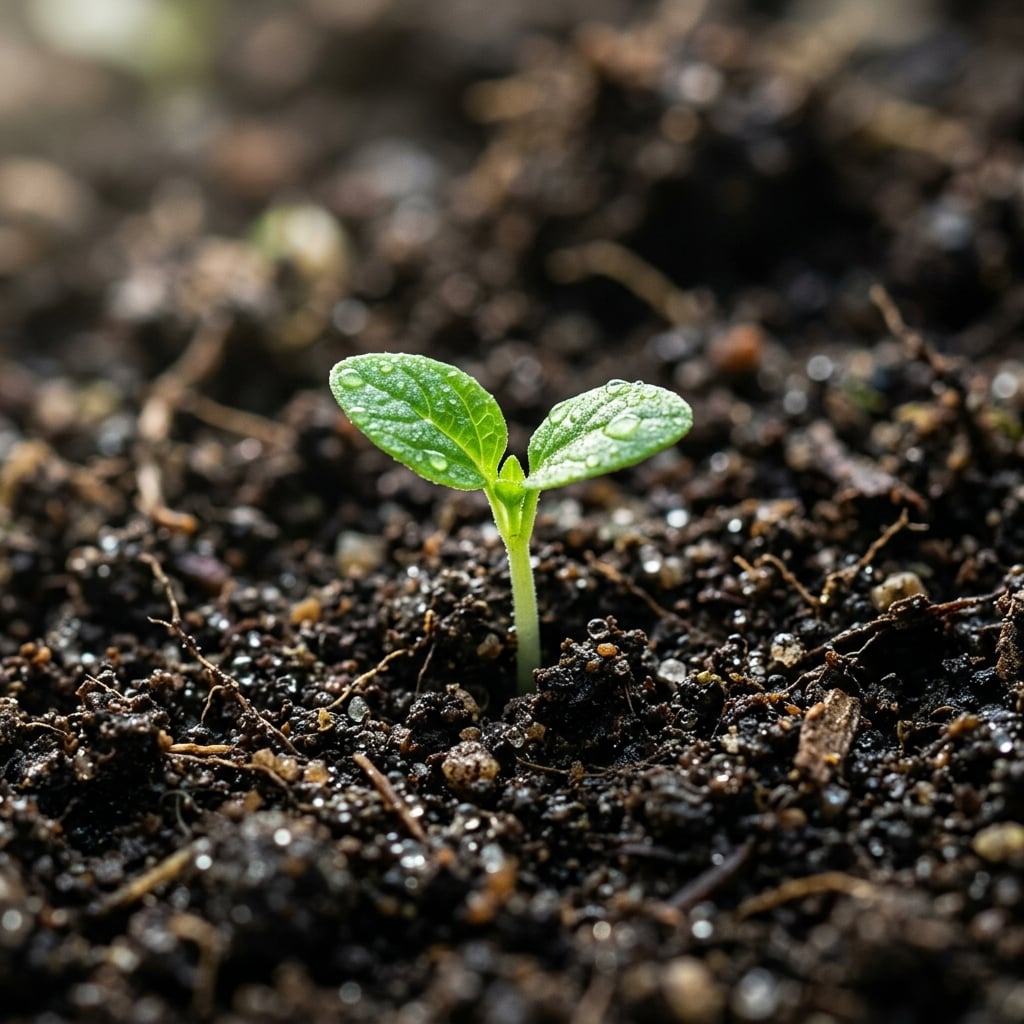 A seedling sprouting from rich dark soil