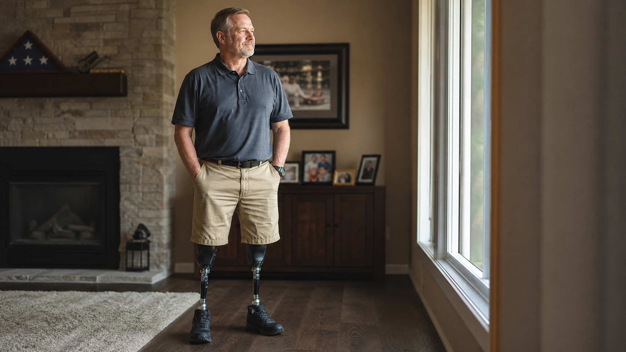 A veteran with a lower-limb prosthetic standing confidently at home