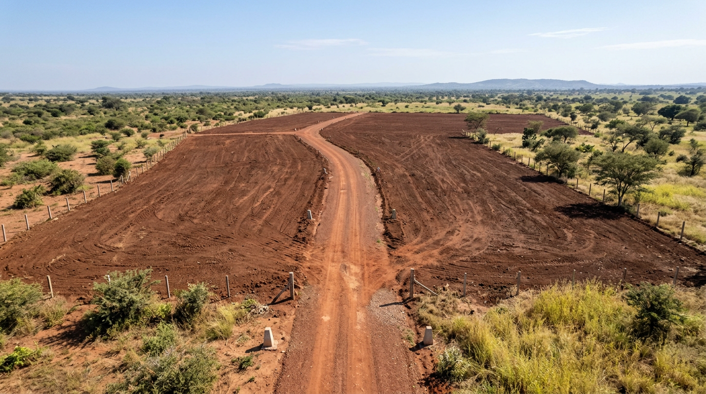 Aerial view of the cleared Delight City Estate land with plot beacons and access road