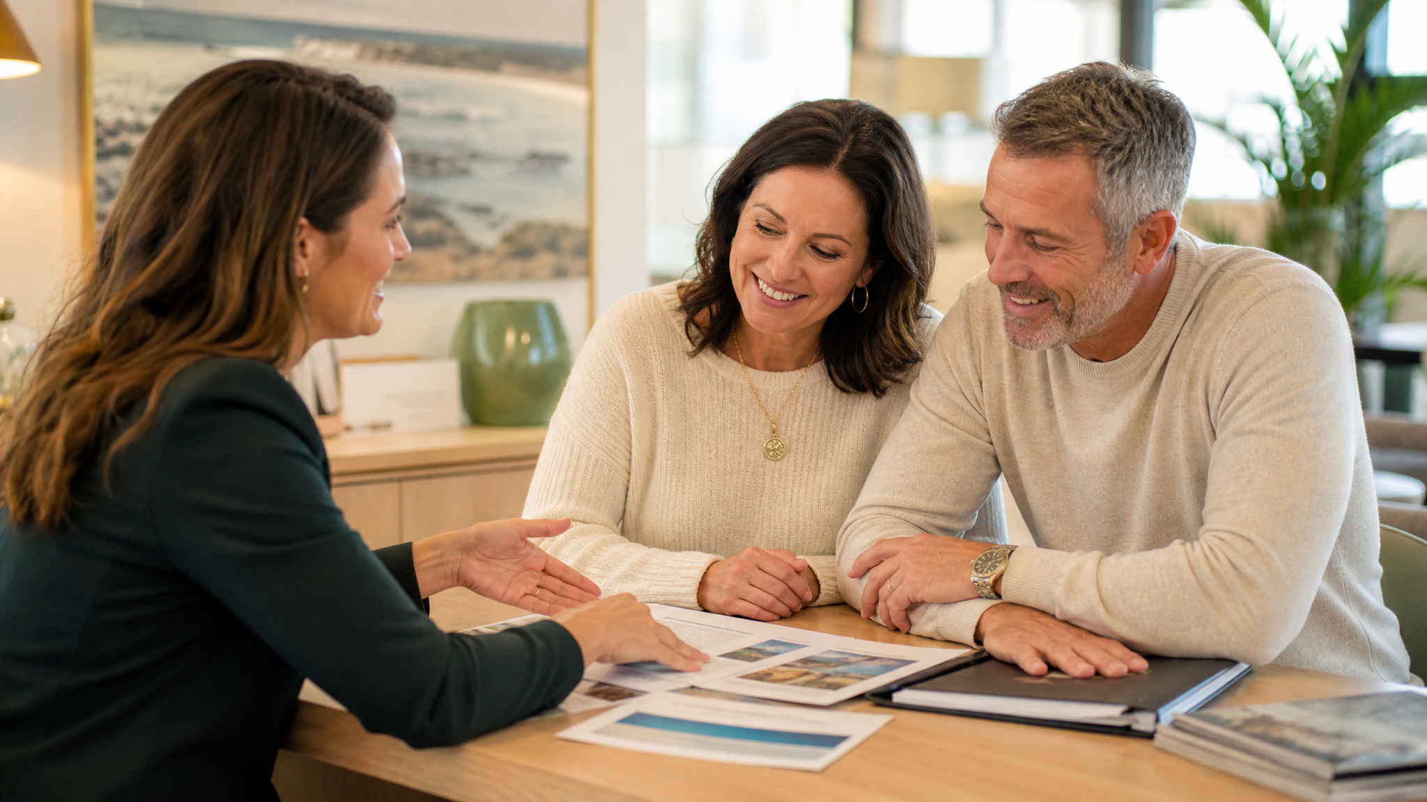 A travel advisor reviewing ownership paperwork with a couple at a bright desk