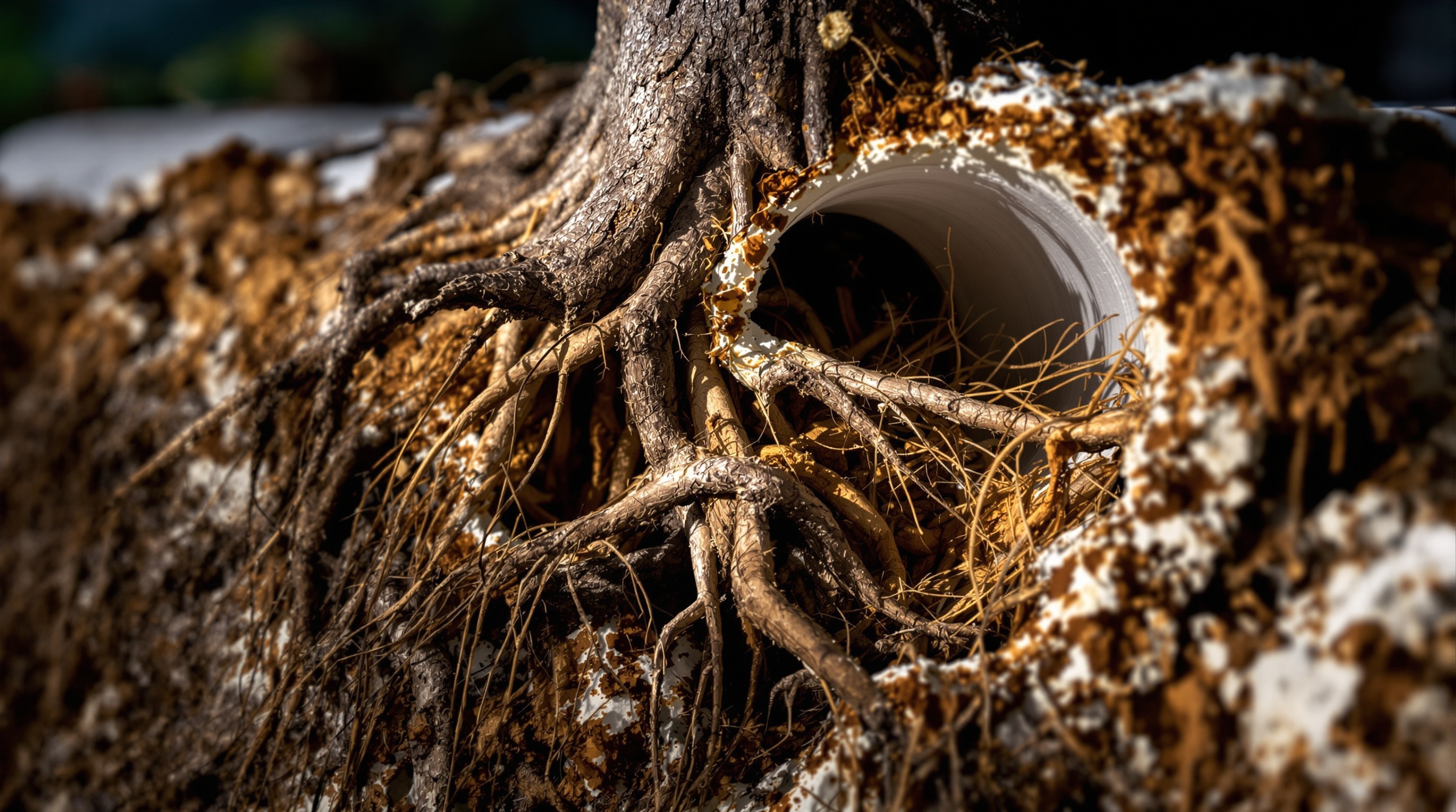 Tree roots invading a drain pipe