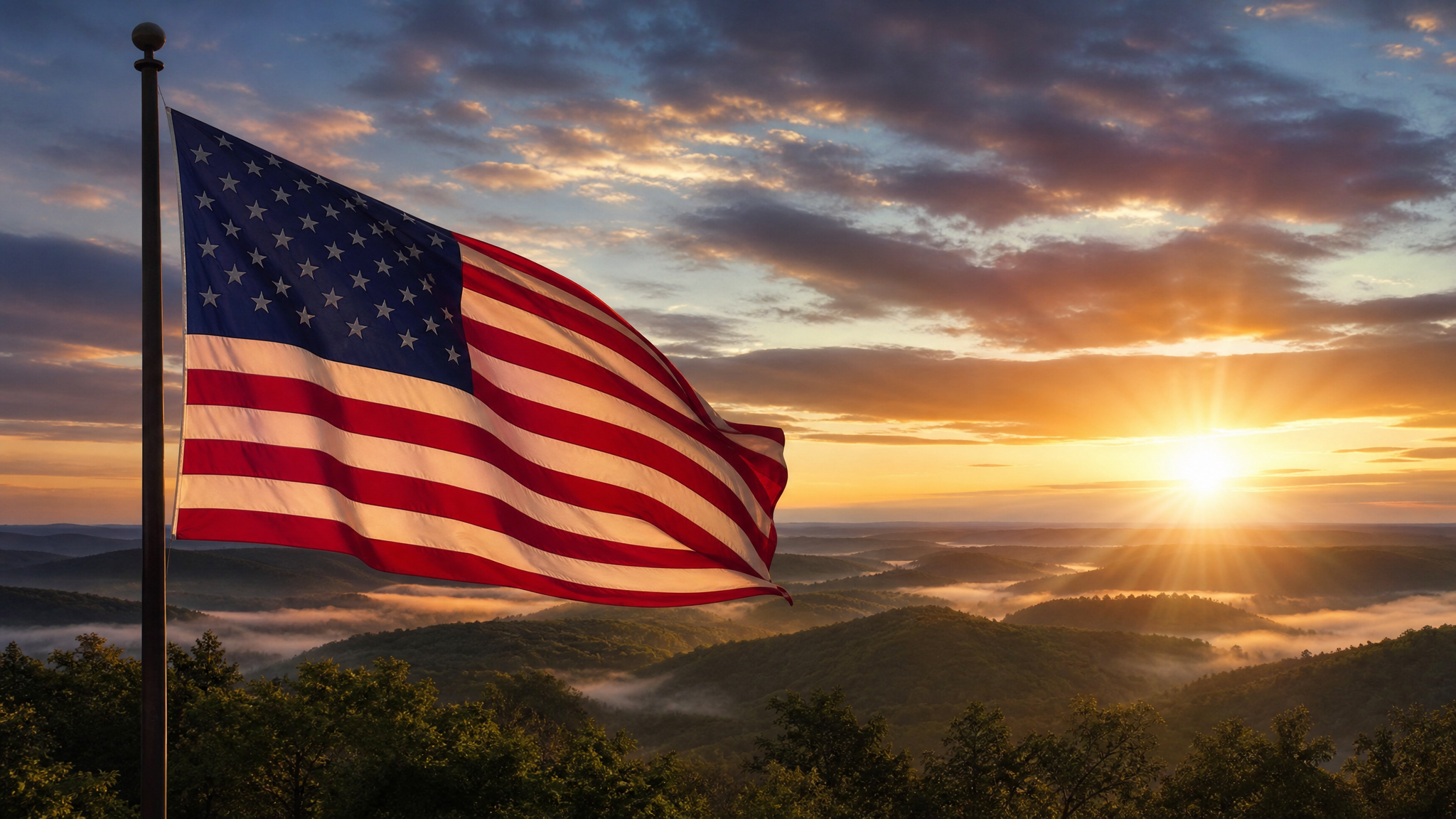 A large American flag waving against a dramatic dawn sky over the Ozark hills at sunrise