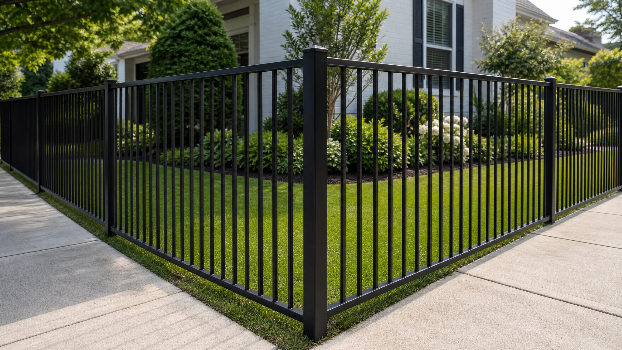 R100 Residential flat-top welded steel fence on a corner lot with two runs meeting at a square corner post