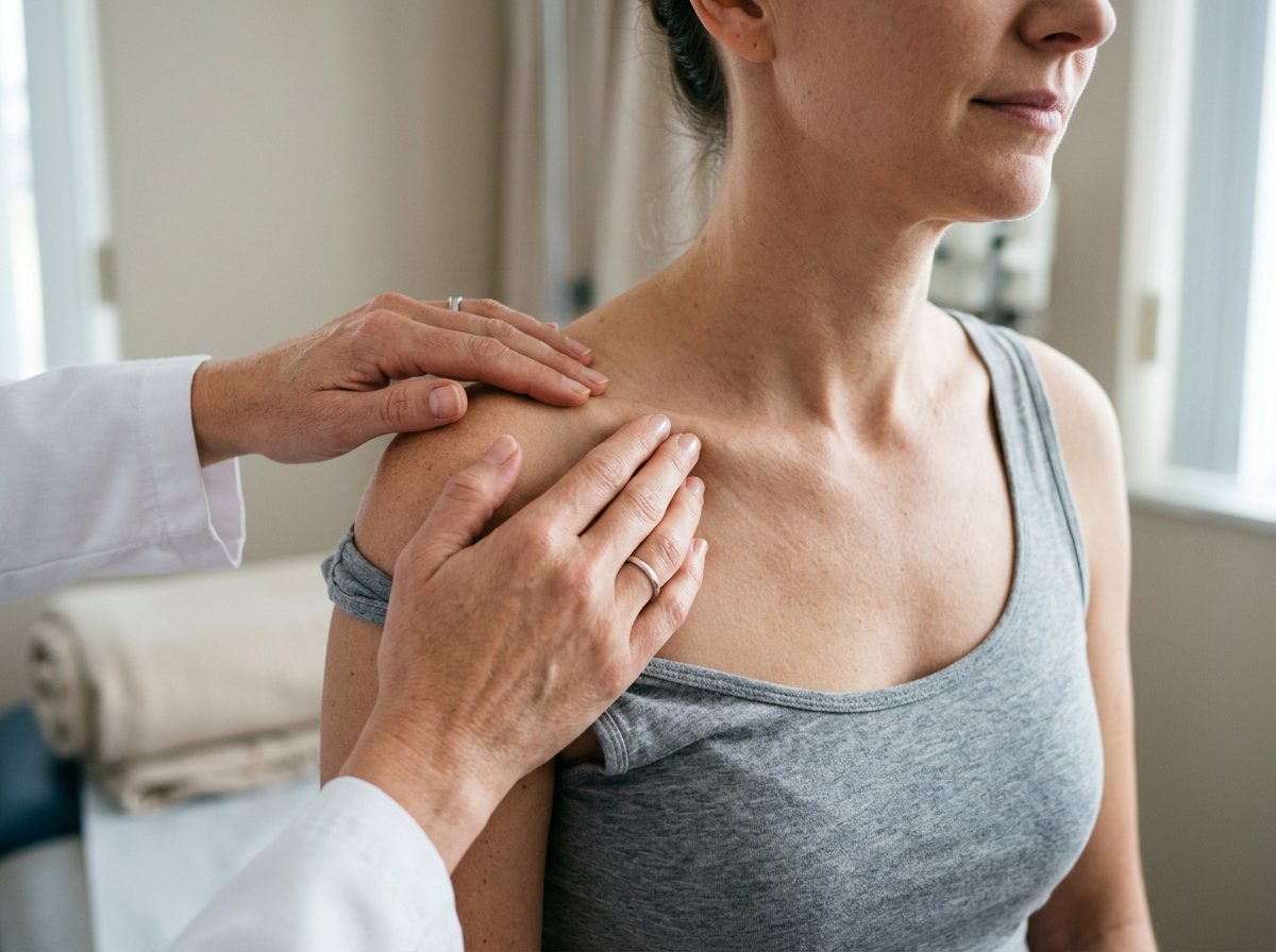 A close-up of a clinician's hands palpating along a patient's clavicle, feeling for deformity, crepitus, and malunion at the fracture site