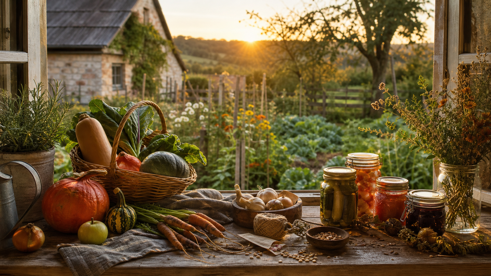 A seasonal homestead table laden with garden harvest and home preserves