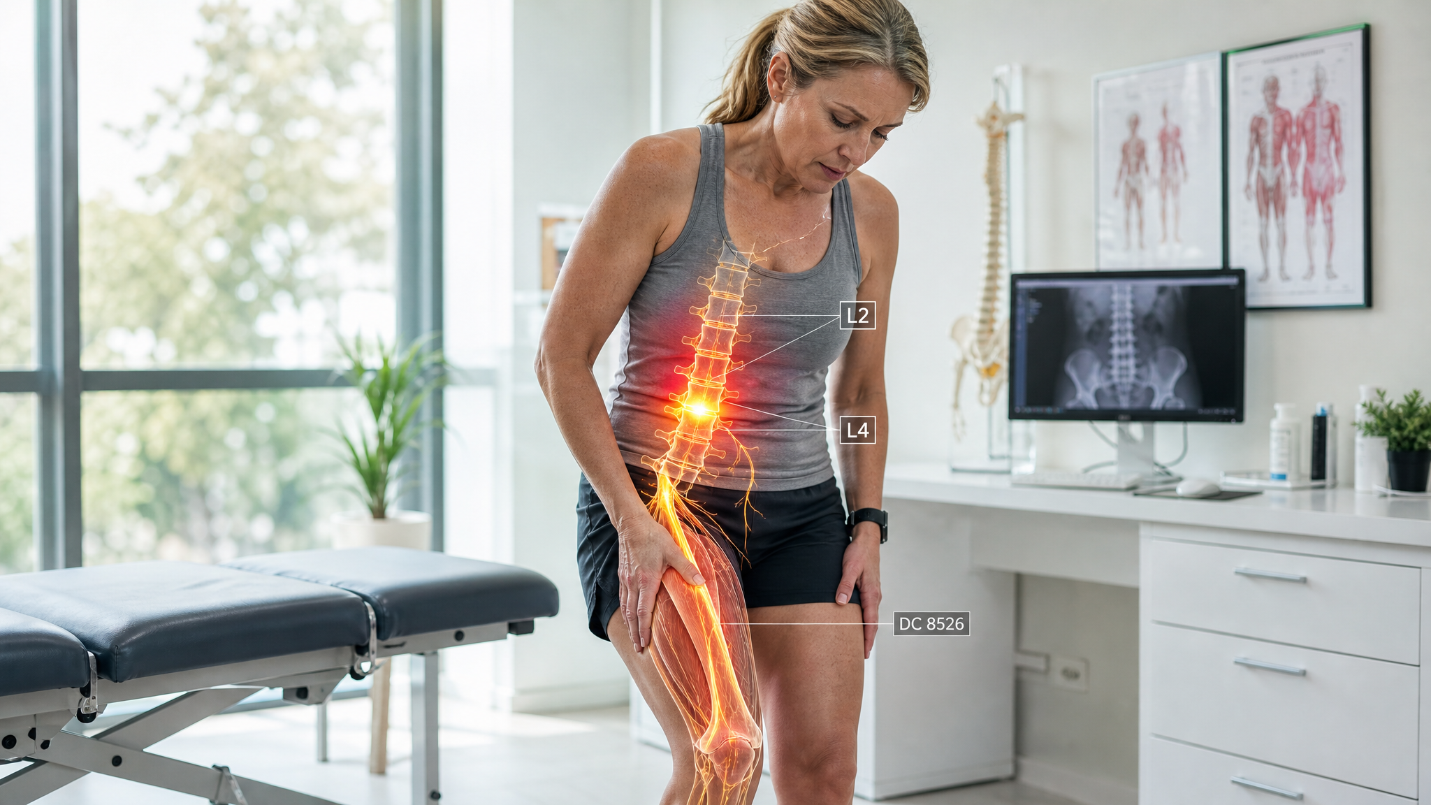 A middle-aged woman in a bright clinical room with one hand on the front of her thigh, a glowing warm-amber femoral nerve tracing from the L2–L4 roots down the front of the thigh into the quadriceps toward a buckling knee, a red compression hotspot at the upper lumbar spine