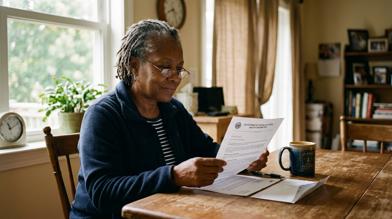 A veteran reviewing an official VA benefits letter at her kitchen table