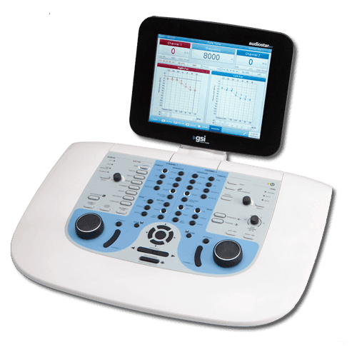 GSI AudioStar Pro audiometer calibration setup with precision measurement equipment