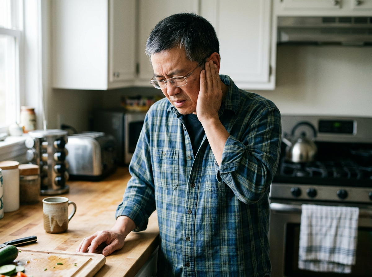 A veteran in his late 50s pressing a hand to his ear in his kitchen