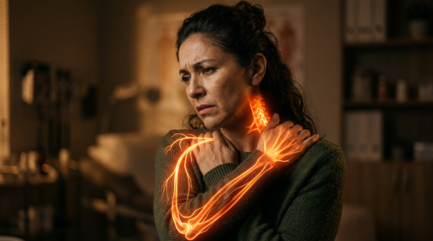 A Hispanic woman gripping her neck and shoulder, a glowing hot-orange nerve pathway radiating from the cervical spine down through the shoulder and arm into the hand, in a dark cinematic setting