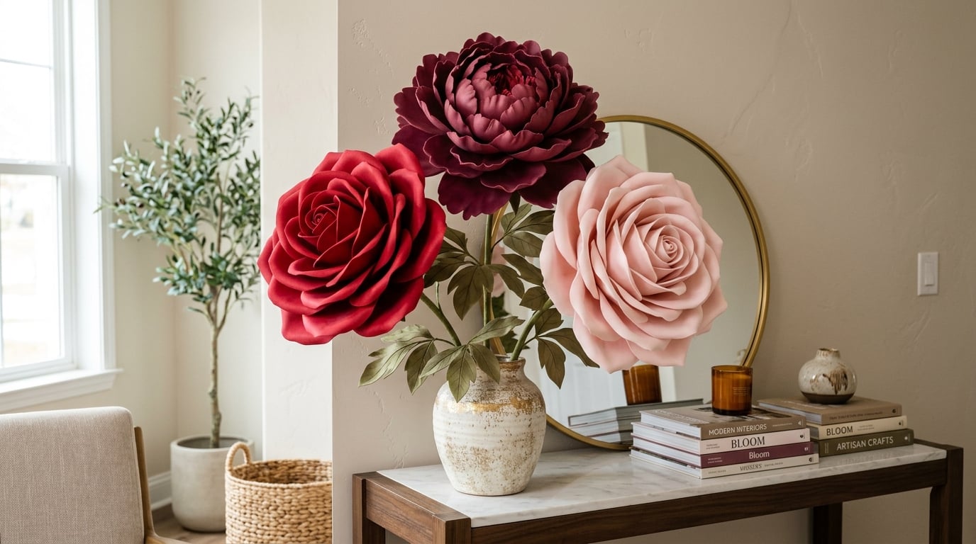 Trio of giant foam flowers displayed on a console table in a romantic home setting