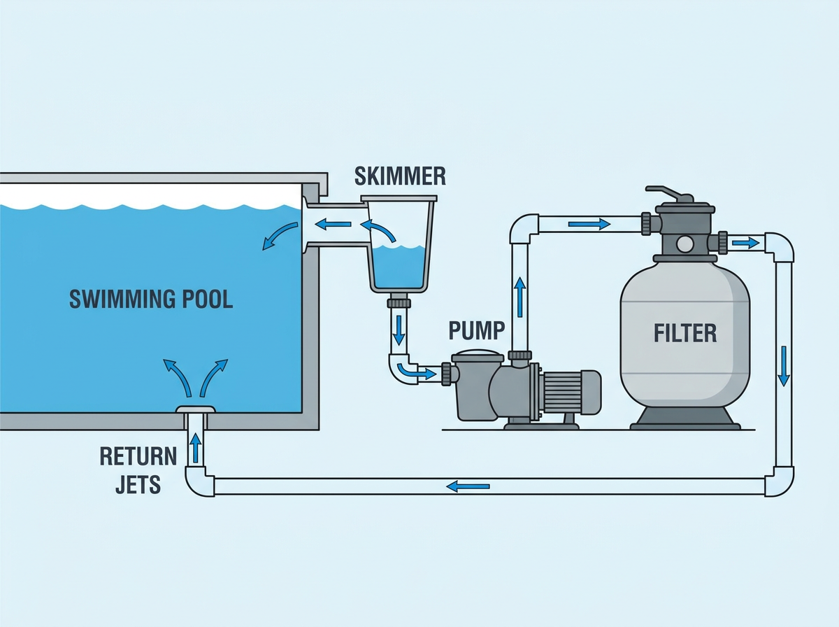 Pool system diagram showing pump, filter, and skimmer components