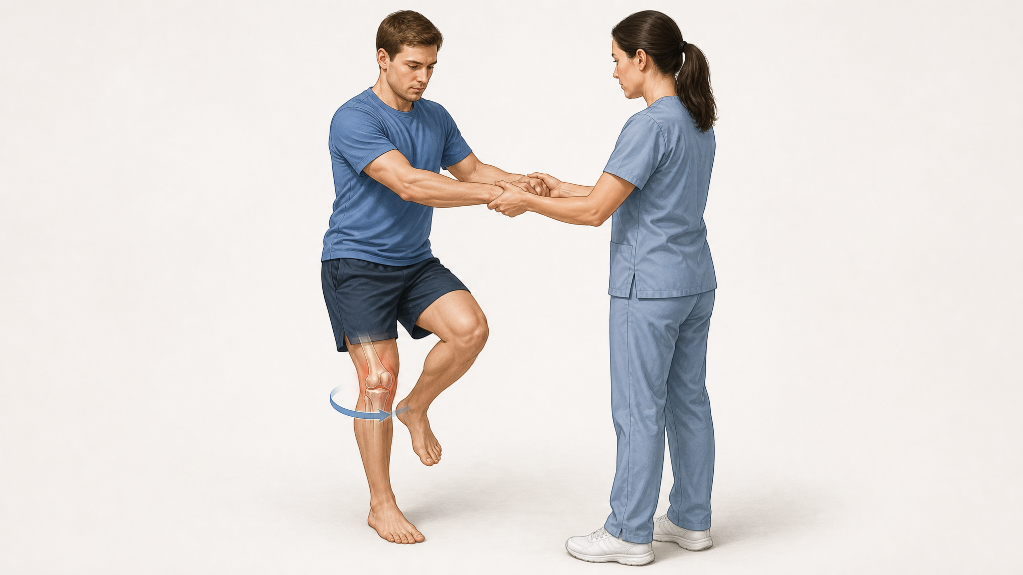 Clinical illustration of the Thessaly test with a patient standing on one leg, knee slightly bent, rotating while the examiner steadies them