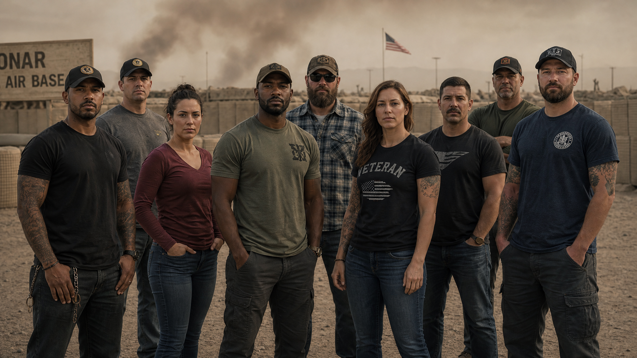Diverse group of post-9/11 veterans standing near a military base with burn pit haze