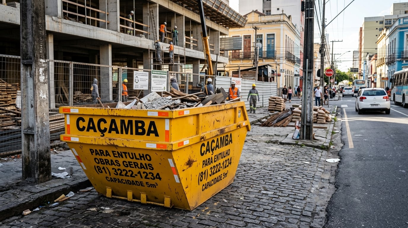 Caçamba estacionária em canteiro de obras