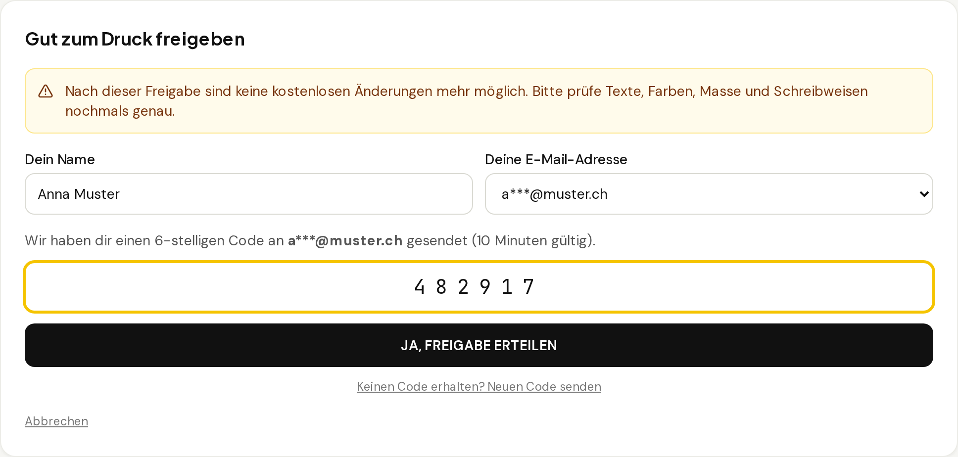 Bild 4: Name, E-Mail-Adresse und Code eingeben, dann «JA, FREIGABE ERTEILEN».
