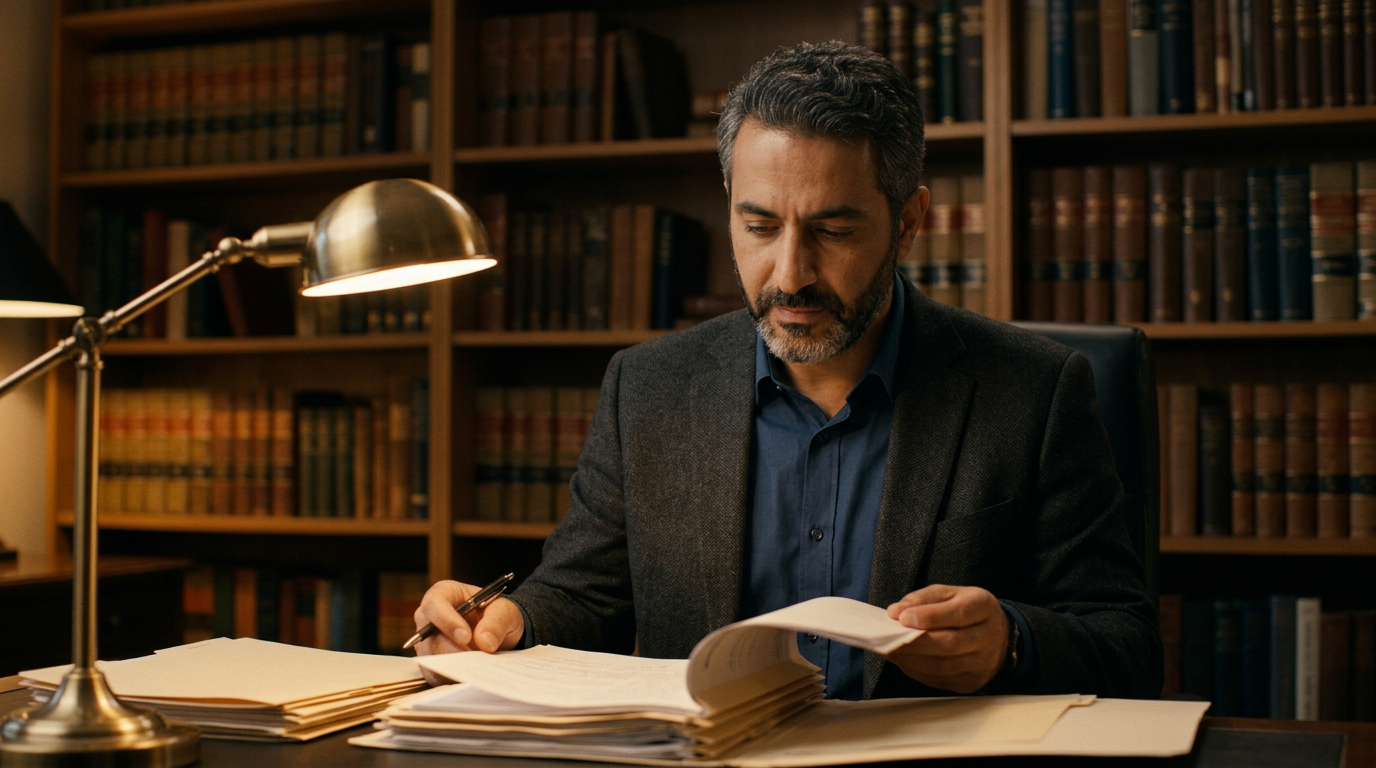 A Middle Eastern male veterans advocate seated at his desk reviewing a dizziness claim file