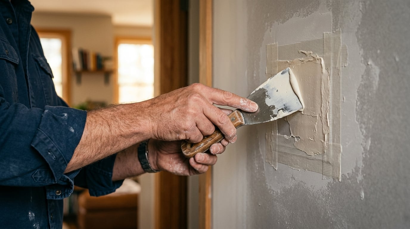 Hands-on drywall repair close-up